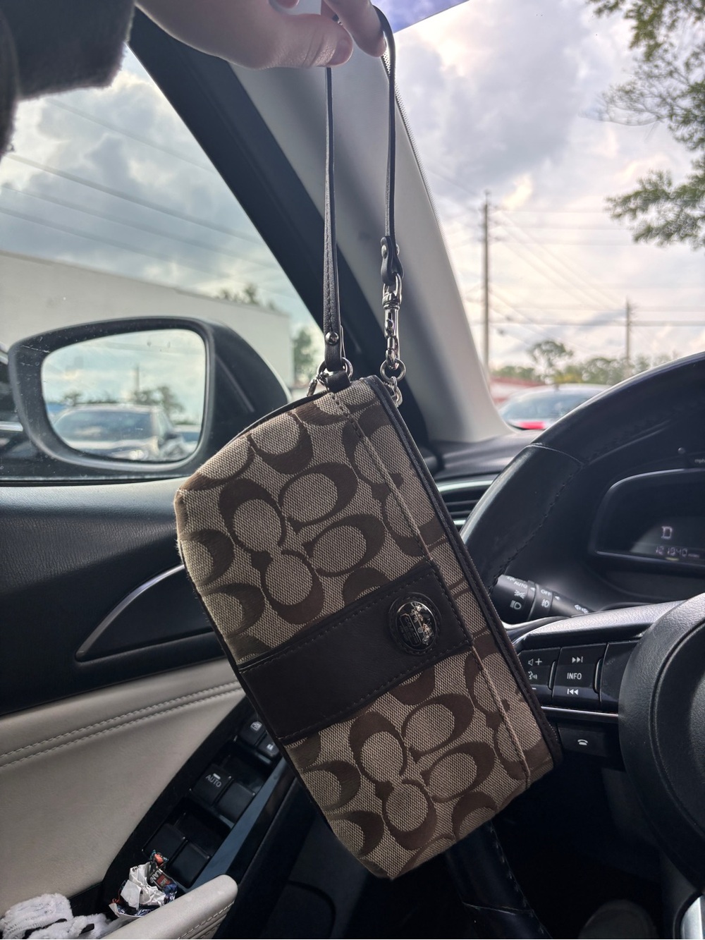 Coach Brown Signature Canvas Wristlet with Dark Brown Leather Trim